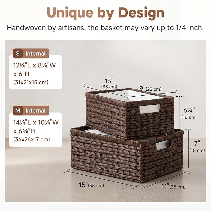 StorageWorks Large Wicker Baskets for Storage, Dark Brown Baskets, 2-Pack | Hyacinth Dark Brown Wicker Baskets with Handles, Wicker Storage Baskets for Organizing, Wicker Storage Baskets for Shelves