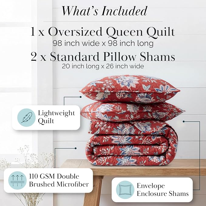 Southshore Fine Living, Inc. Oversized Full/Queen Quilt Bedding Set, Jacobean Willow Floral Quilt Set Queen or Full Size with 2 Matching Pillow Shams, Lightweight Bedspread, Soft and Cozy, Red