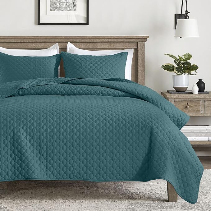 HORIMOTE HOME Quilt King Size Teal Blue, Lightweight Quilt for Summer, Ultra-Soft Microfiber Modern Style Quilted Clouds Pattern Bedspread Quit Set 3 Pieces(1 Quilt and 2 Pillow Shams)