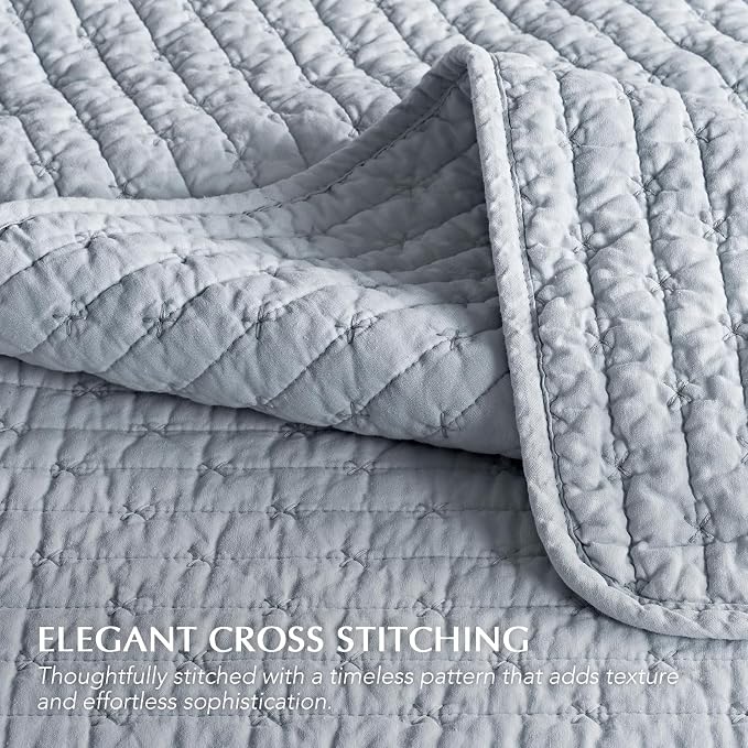 100% Cotton Cross Stitch Quilt Set, Twin, Powder Blue | 100% Cotton, Elegant Cross Stitch, Soft & Breathable, Prewashed Softness, Oversized Design, OEKO-TEX® Certified