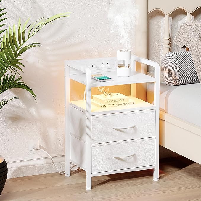 Lazzanto Nightstand with Rear Charging Station, LED Light, 2 Drawers, White | Industrial Nightstand, 2 USB-A Ports & AC Outlets, Raised Back Guard, Fabric Storage Drawers, Bedside Table for Bedroom, Dorm
