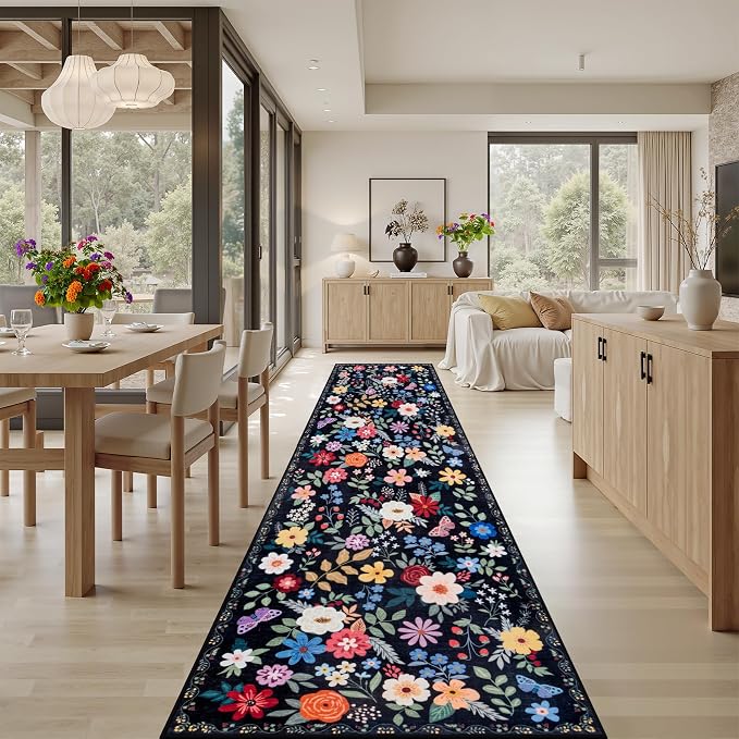 PLHXFR 2.6x14 Washable Runner Rug：Floral Indoor Kitchen Soft Carpet Black | For Hallway Bedroom Kitchen Laundry Bathroom Dorm,Vintage Floral,Machine washable,Non Slip,Stain Resistant,Indoor Floor