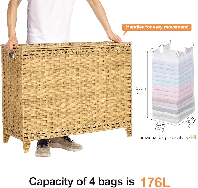 Laundry Hamper with 4 Removable Liner Bags, 176L Laundry Sorter with Lid | Raised Feet; Side Carry Handles; Handwoven PP Rattan; Rust-Resistant Iron Frame; Decorative Woven Design
