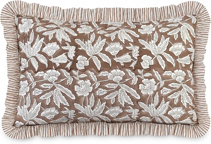 Ridhi Block Print Oak Brown Ruffle Lumbar Pillow Shams, 20" x 12" Set-1 | 100% cotton, Floral Pillowcase, Cushion Cover, Hidden Zipper, Cottagecore Bedding, farmhouse boho style, fits couch, sofa,Bed