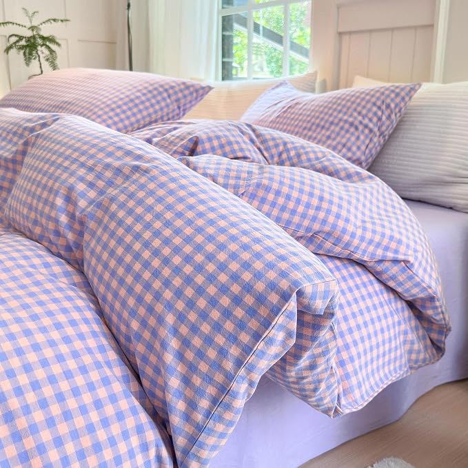 LifeTB Purple Gingham Comforter Set King Modern Plaid Checkered Pattern Comforter Soft Gingham Bedding Set Lightweight Purple Pink Grid Plaid Bedding Comforter Fluffy Checkered Comforter Set