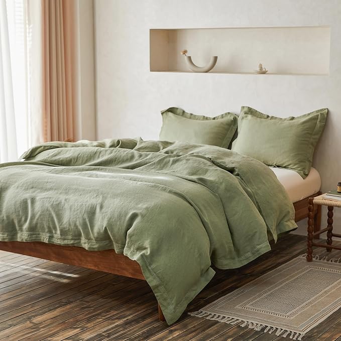 Simple&Opulence 100% Linen Duvet Cover Set with Crossed Embroidery Washed - 3 Pieces (1 Duvet Cover with 2 Pillow Shams) Soft Breathable Farmhouse - Sage Green, Queen Size