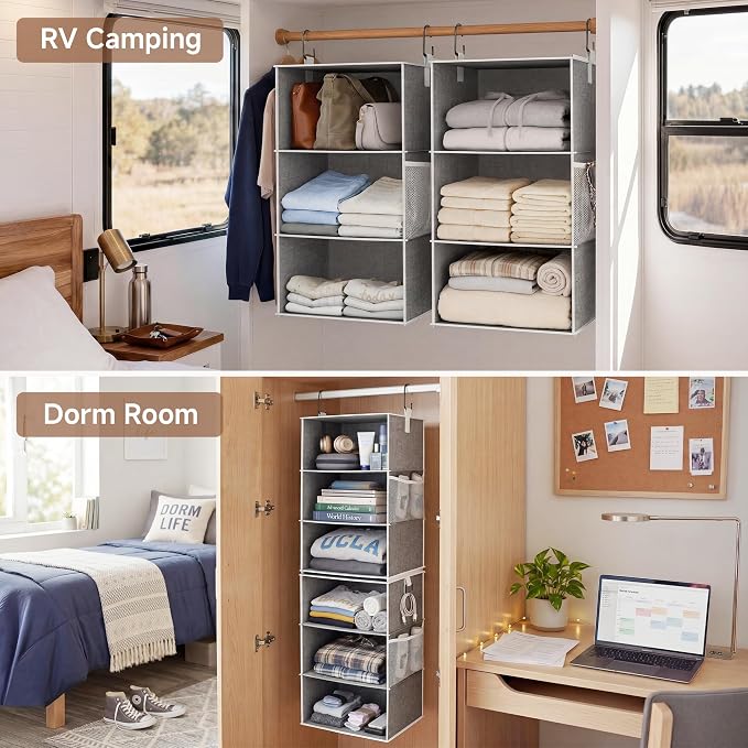 StorageWorks Hanging Closet Organizer, 6-Shelf with 2-in-1 Design, Ivory | Maximize Closet Space with Reinforced Shelves, Small Closet Storage Solution for Bedrooms, Dorms and RVs, Jumbo