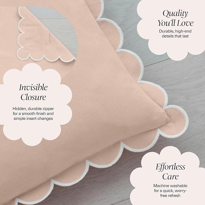 BEBE BASK Scalloped Pillow Cover Set of 2, 18x18, 100% Cotton - Peach Pink | 100% Cotton, Scallop Pillow Covers, Grandmillennial Style, 18 by 18 Inch, Easy to Care, Machine Washable, Scalloped Pillows