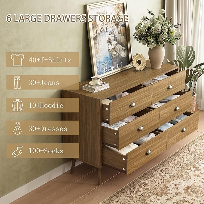 Oak 6 Drawer Dresser for Bedroom, 47" Wood Dresser with Gold Handles. | Modern Dressers & Chests of Drawers for Living Room, Hallway, Entryway.
