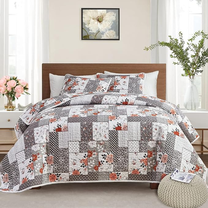 Patchwork Quilt Set King Size, 3 Pieces Grey White Floral Plaid Summer Bedspread Coverlet Set, Soft Microfiber Reversible Lightweight Bed Cover for All Season (102" x 90", 1 Quilt+ 2 Pillow Shams)