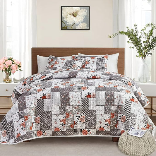 Patchwork Quilt Set King Size, 3 Pieces Grey White Floral Plaid Summer Bedspread Coverlet Set, Soft Microfiber Reversible Lightweight Bed Cover for All Season (102" x 90", 1 Quilt+ 2 Pillow Shams)