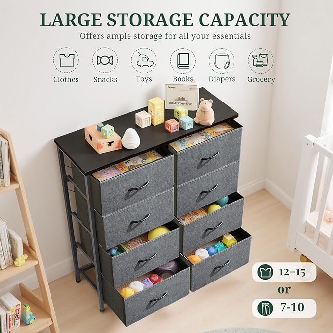 8-Drawer Dresser for Bedroom, Anti-Tip Tall Storage Organizer | Chest of Drawers with Wooden Top and Metal Frame Fabric Bins for Closet, Living Room, Hallway, Entryway, Gray