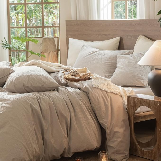 MooMee Wavy Striped Duvet Cover Set 100% Washed Cotton Linen Like Textured Breathable Durable Soft Comfy (Beige, Oversized Queen 98"x98")