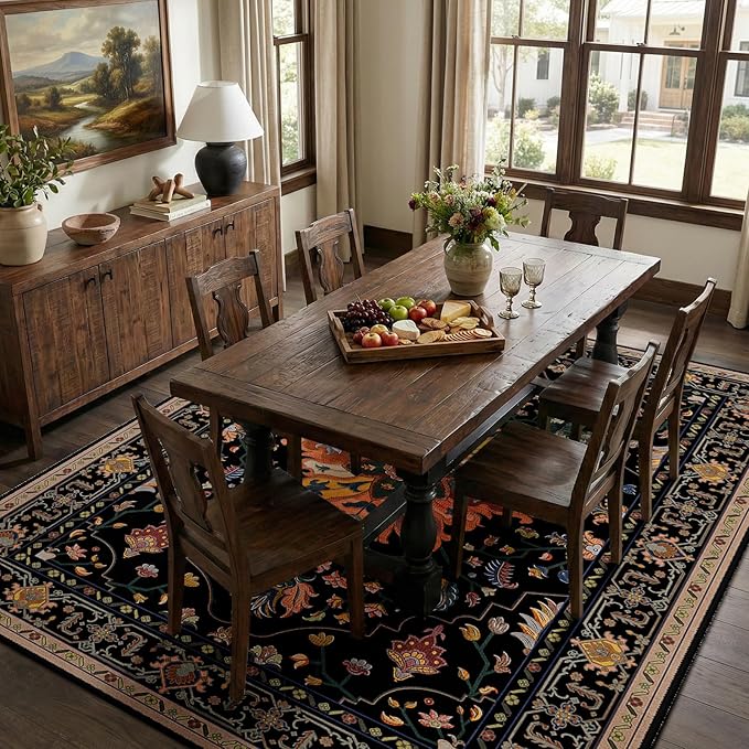 RELEANY Washable Area Rug, 7'x10', Black/Colorful | Non-Slip, Water Repellent, Pet Friendly, Easy to Clean, Vintage Floral Boho Decor for Living Room Bedroom Dining Room Office