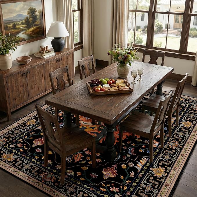 RELEANY Washable Area Rug, 6'x8', Black/Colorful | Non-Slip, Water Repellent, Pet Friendly, Easy to Clean, Vintage Floral Boho Decor for Living Room Bedroom Dining Room Office