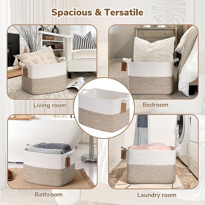 Goodpick 50L Large Woven Rope Storage Basket, Rectangle, Light Brown | 18" × 14" × 12" Stylish Gift Baskets for Living Room & Bedroom Organization, Cotton Rope Basket for Blanket & Toy Storage