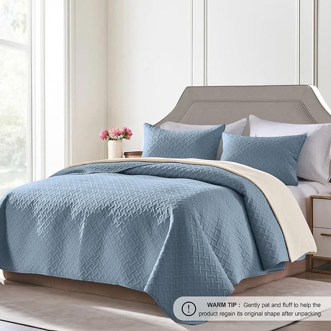FLYMME Quilts Queen Size,Lightweight Dusty Blue Bedspreads,Basket Weave Pattern,Ultra Soft Microfiber Bed Coverlet 3 Pieces for All-Seasons (1 Quilt,2 Shams)