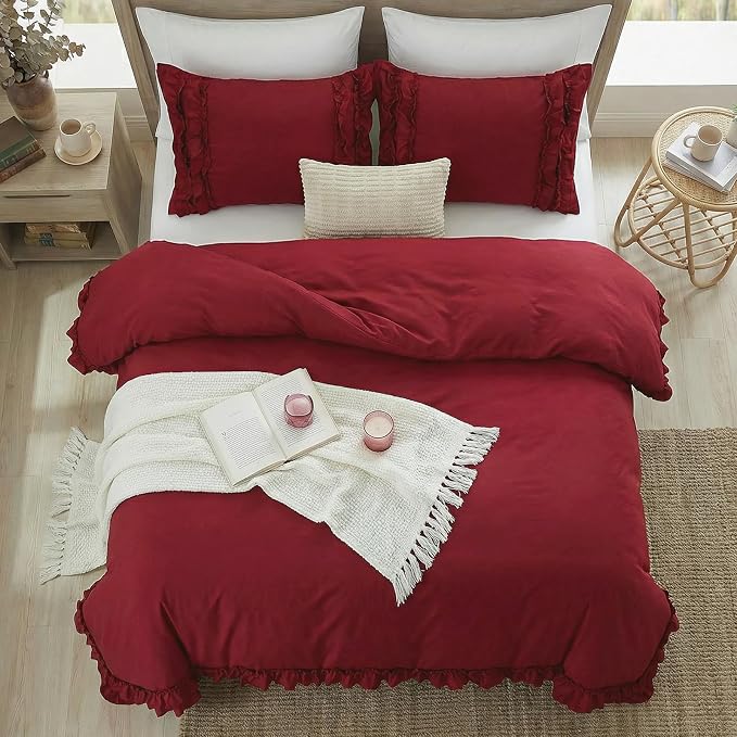 Burgundy Duvet Cover King Size Ruffled Bedding Set Vintage Lace Ruffle Elegant Bedroom Decor Shabby Chic Farmhouse Style Boho Chic Duvet Cover Set for All Season