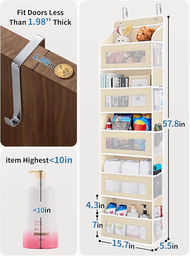 JARLINK Over the Door Organizer for Pantry, Bathroom, 5 Shelf Beige, 2 Pack | Anti-Tilt Design, 44 lb Load Capacity, Hanging Door Organizer with 5 Large Capacity Pockets, Behind Door Storage for Nursery