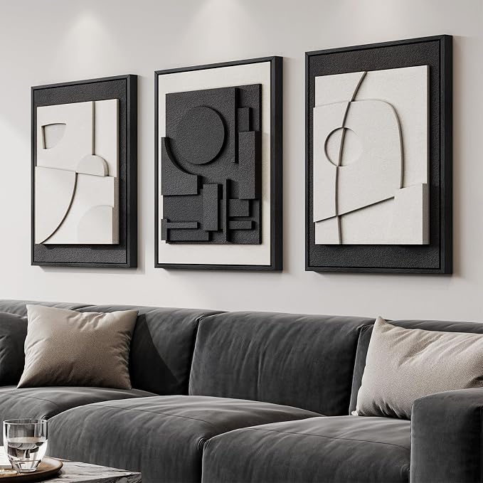 Large Framed Black and White Modern 3D Abstract Wall Art Set | Solid wood frame, Textured paintings, 3 piece 20x30 big artwork for walls, Pictures wall decor for living room bedroom office