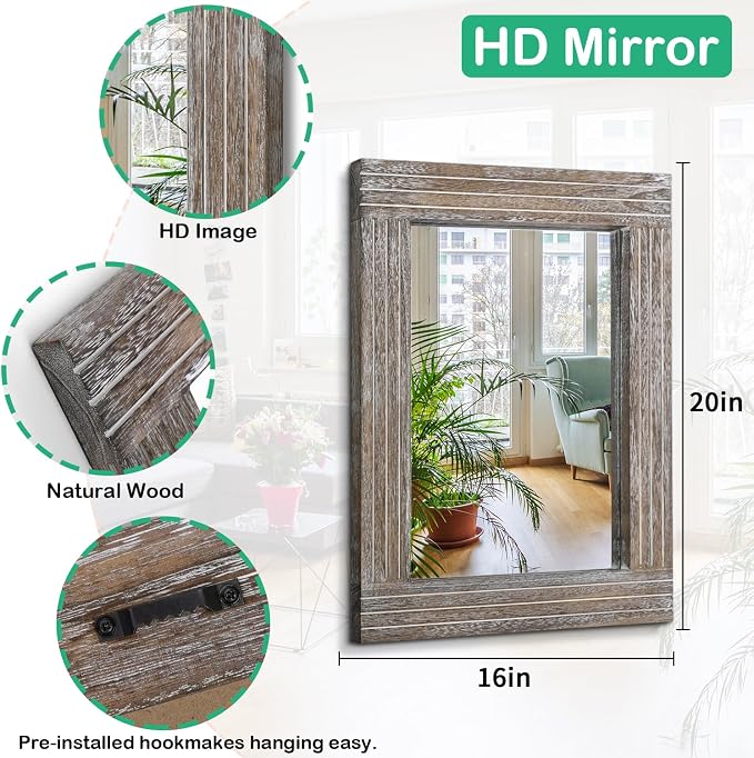 Mirrors for Wall Rustic Wooden Frame Rectangle Mirror Vintage Hanging Mirror for Bedroom Bathroom Living Room Farmhouse Wall Decor Large 20" x 16 "