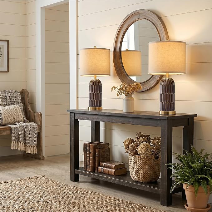OYEARS 22.5" Bedside Table Lamps Set of 2, Farmhouse Table Lamp with USB A+C Charging Ports, Vintage Nightstand Lamp for Bedrooms and Living Rooms, Mid Century Modern End Table Lamp, Brown and Gold