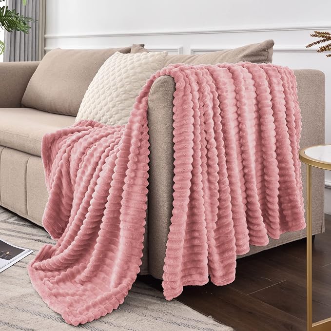 BEDELITE 3D Ribbed Jacquard Pink Fleece Twin Blanket for Couch, 60x80 Inch | Soft Warm Fluffy Blanket for Bed Sofa College Dorm Room Decor, Luxury Cozy Plush Birthday Gifts for Women Girls, Lightweight