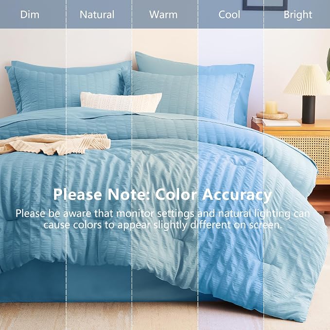 Full Size Comforter Sets, 7 Pieces Sky Blue Seersucker Bed in a Bag | OEKO-TEX Certified, All Season Bedding Set with 240 GSM Down Alternative Comforter, Flat & Fitted Sheets, Pillowcases & Shams