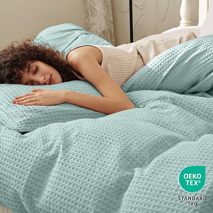 PHF Waffle Duvet Cover Queen, Ultra Soft & Breathable, 90"x90", Aqua | 300GSM Fabrie，No Snagging Textured Honeycomb Comforter Cover for All Season 3pcs, Durable Bedding Duvet Set, Home Decor Gift