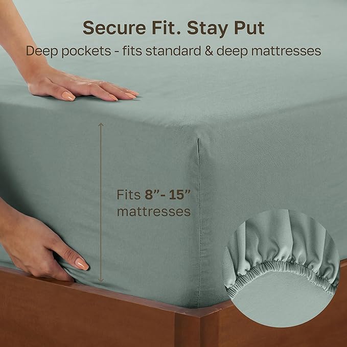 California Design Den Soft 100% Cotton Sateen Extra Long Twin Fitted Sheet | 400 Thread Count Backed by Good Housekeeping Seal, All-Around Elastic, No-Pop Fit, Durable, OEKO-TEX - Green Sage