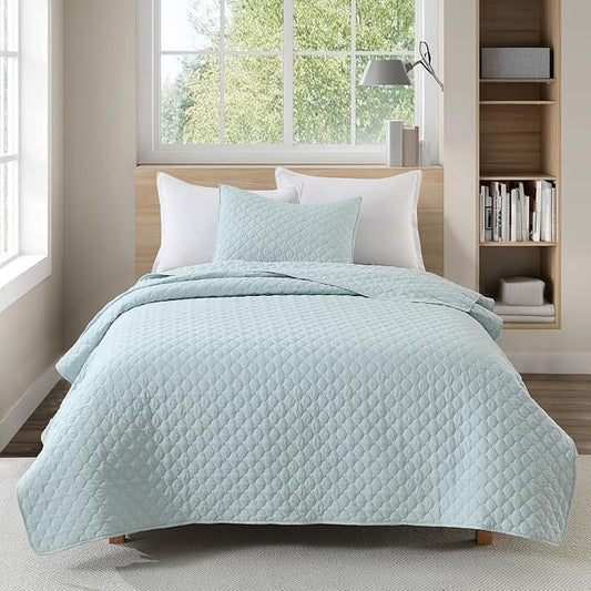 HORIMOTE HOME Quilt Twin Size Aqua Blue, Lightweight Quilt for Summer Ultra-Soft Microfiber Modern Style Quilted Clouds Pattern Bedspread Quit Set 2 Pieces (1 Quilt and 1 Pillow Sham)