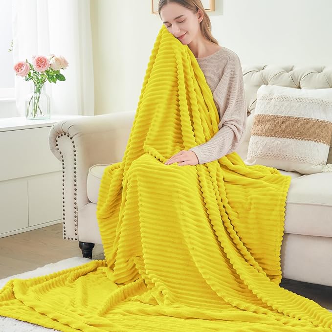 BEDELITE 3D Ribbed Jacquard Yellow Fleece Twin Blanket for Bed, 60x80 Inch | Soft Warm Decorative Fluffy Blanket, Cozy Plush Lightweight Fuzzy Throw Blanket for Couch Sofa Room Decor, Gift for Women