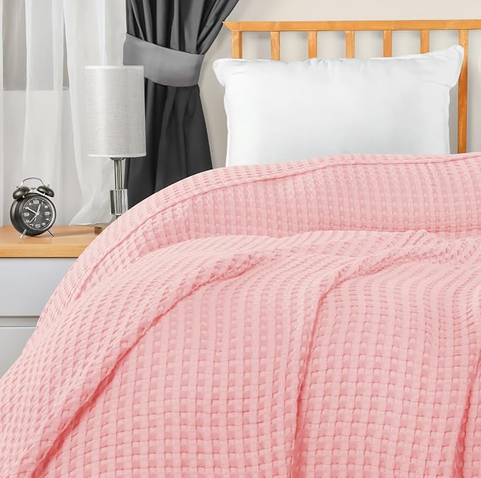 Utopia Bedding 100% Cotton Waffle Blanket Twin Size Pink, 90x72 Inch | Lightweight Breathable Cozy Summer Bed Blanket Home Decor Gift for Women and Men