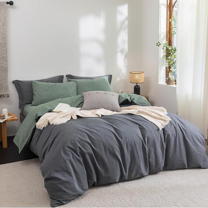 BDEAR 3Pcs Duvet Cover Set King Size 104" Wx90 L,Heathered Green and Grey | 100% Washed Cotton, 1 Duvet Cover with 2 Pillowcases, Zipper Closure, OEKO TEX Standard,8 Corner Ties,Linen-Liked Texture