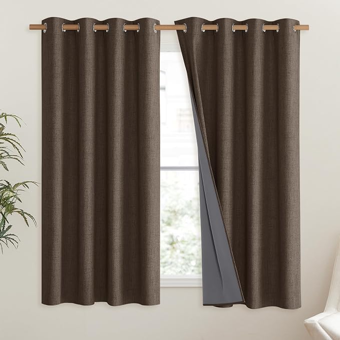 NICETOWN Coffee Vintage Linen 100% Blackout Curtains for Living Room, Thermal Insulated Curtains 63" Long, Noise Reducing Window Treatment Drapes for Hall Room, 52" Wide Per Panel, Set of 2