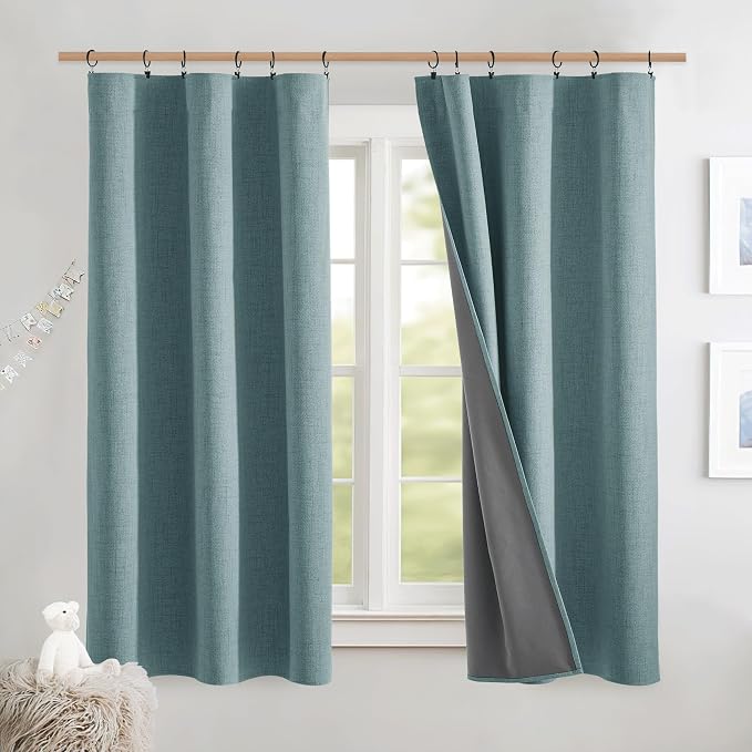 NICETOWN 100% Blackout Curtains for Kitchen 63" L Set of 2, Skylark Blue | Thermal Insulated, Flax Textured, Full Light Blocking Window Draperies for Nursery, Rod Pocket & Back Tab, W42" x L63" Each
