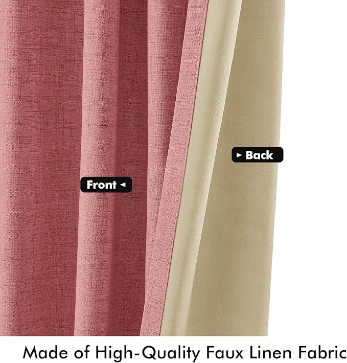 MIULEE 100% Blackout Linen Curtains 42 x 96 Inch Dusty Rose Pink 2 Panels | Thermal Insulated, Room Darkening Drapes for Bedroom Living Room, Back Tab Rod Pocket Pinch Pleated, Solid Luxury Decor