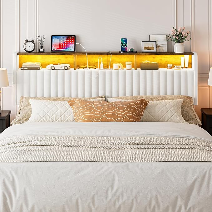 IKIFLY California King Storage Headboard Only, Adjustable Height, White | Velvet Upholstered Cal King Head Board with LED Lights & Charging Station, Easy Assembly, Modern Freestanding Headboard