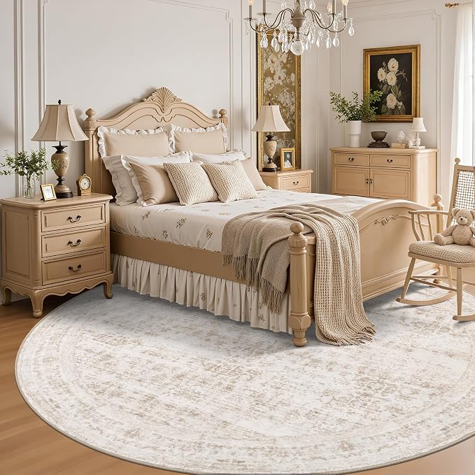 Round Area Rug for Living Room: 4ft Boho Washable Rug Beige Brown | Vintage Boho Soft Round Rug Indoor Floor No Slip Carpet Stain Resistant Rugs for Bedroom Dining Room Nursery Home Office