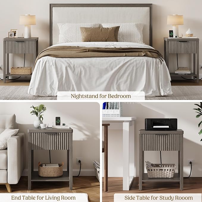 Night Stand Set 2, Fluted Wood Nightstands w/Charging Station for Bedroom | Dark Grey, Storage Drawer, Open Shelf, Metal Silent Rails, Round Corners, Modern Fluted Panel, Living Room, Bedside Table