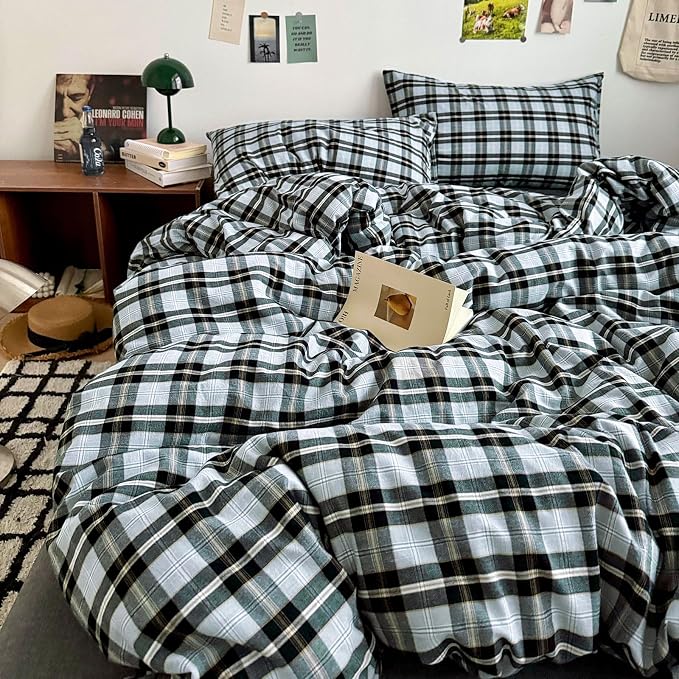 LifeTB Vintage Buffalo Plaid Comforter Set King, Modern Style Grey Black Grid Bed Comforter with 2 Pillowcases, 3 Pieces Soft Fluffy Checkered Pattern Comforter Farmhouse Gingham Plaid Bedding Set