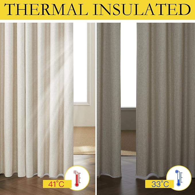 NICETOWN Natural Full Blackout Boho-Chic Linen Curtains 84 inch Long 2 Panels Set for Cafe Window, 42 inch Wide, Thick Linen Blend Drapes, Insulated Window Covers Draperies with White Backing