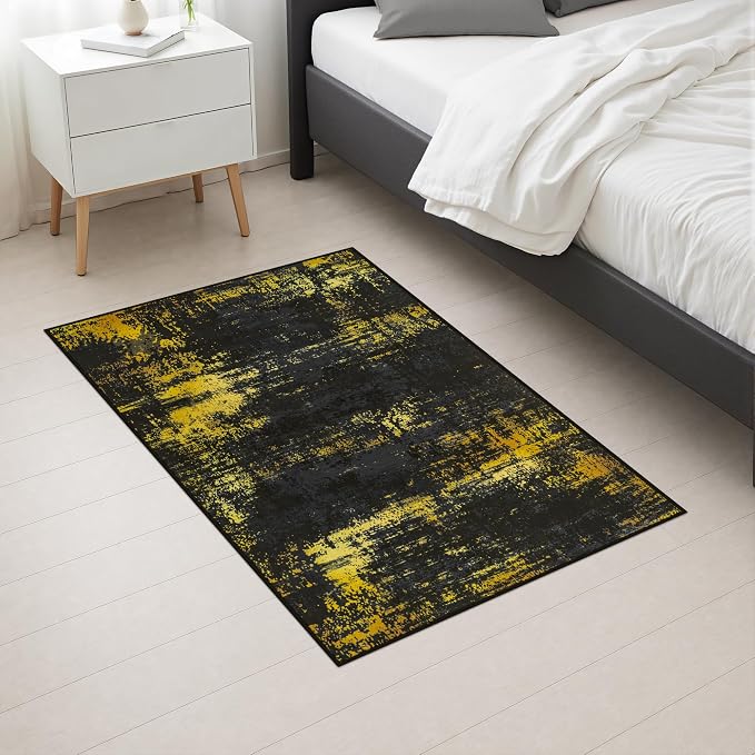 2x3 Washable Entryway Rug: Modern Abstract Soft Carpet Black Gold | For Entrance, Bedroom, Kitchen, Laundry, Bathroom,Door Mat,Modern Abstract,Machine washable,Non-Slip,Stain Resistant,Indoor
