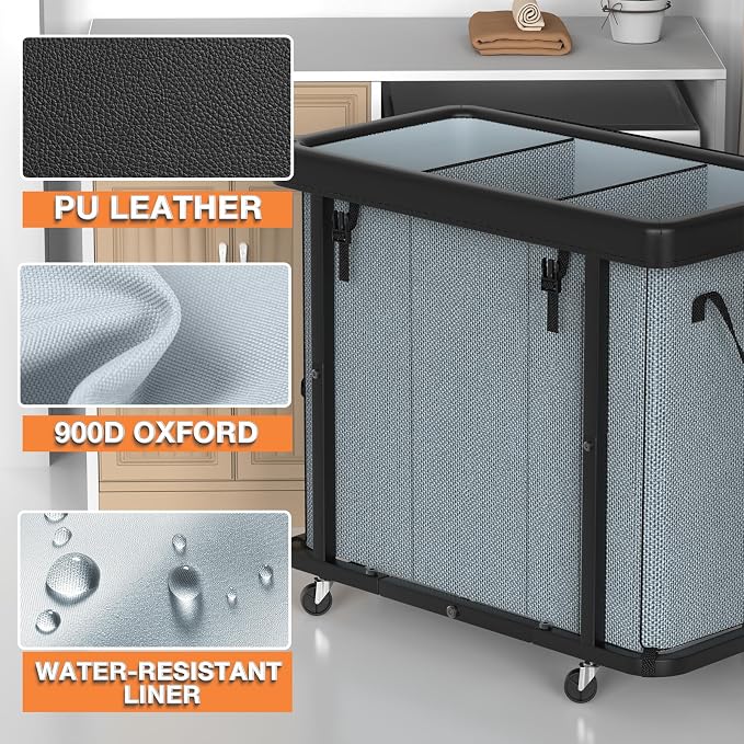Laundry Basket with Wheels, 230L(60Gal) Laundry Sorter 3 Section - Gray | Leather Patchwork Laundry Hapmer, Sturdy Metal Frame, Removable Washable Bag, Tall Clothes Sorter for Bedroom