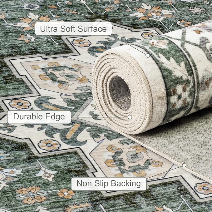8x10 Area Rugs Living Room: Washable Rug for Bedroom Green Ivory | Boho No Slip Stain Resistant Rug Soft Indoor Decor Floor Floral Area Rugs for Dining Room, Nursery, Hallway, Home Office