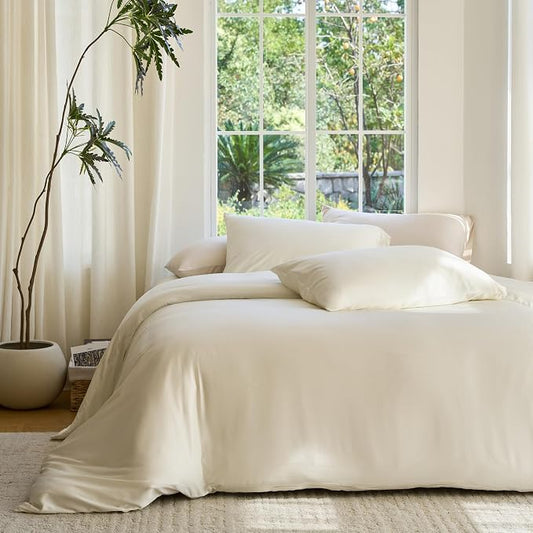 DOZ Duvet Cover Set, 100% Viscose derived from Bamboo, Organically Grown, Buttery Soft, Cooling Duvet Covers, High GSM, 1 Duvet Cover and 2 Pillowcases, 106"x90" (Ivory, King/Cal King)