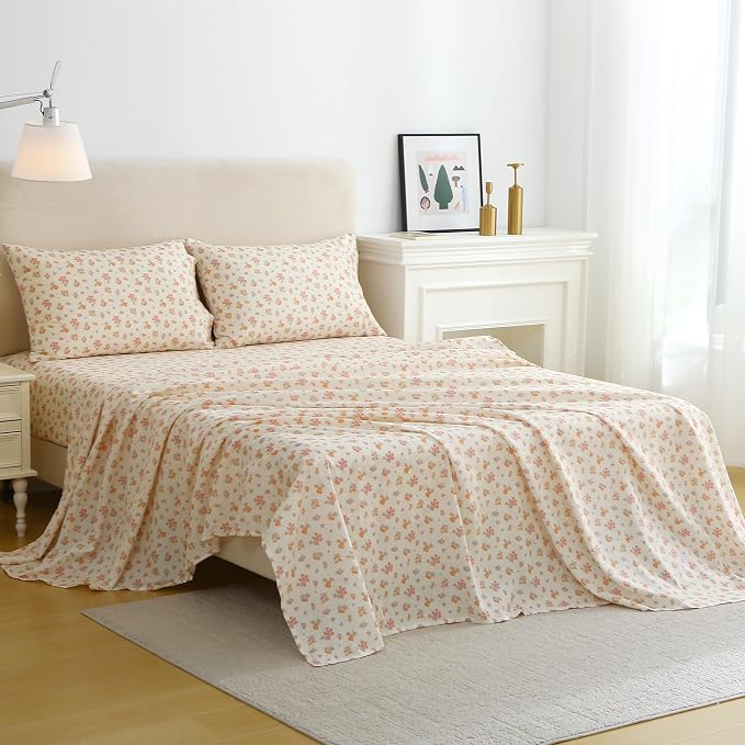Viviland Floral King Sheet Set - 4 Piece Vintage Lavender Flower and Leaves Patterned Bed Sheets - Soft, Breathable Microfiber Sheets with Deep Pocket, Non-Slip Fitted Sheets & Pillowcases