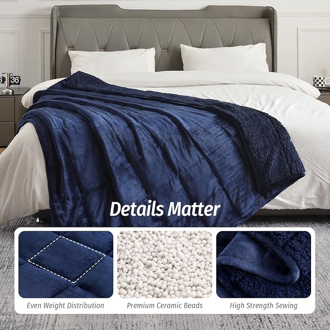 Sherpa Weighted Blanket for Adult 15 lbs Queen 60"x80" Navy Blue | Better Sleep, Relax Body & Mind, Dual Sided Soft Fuzzy Heavy Throw Blankets, Plush Flannel Top, Chunky Fluffy, Warm Hug