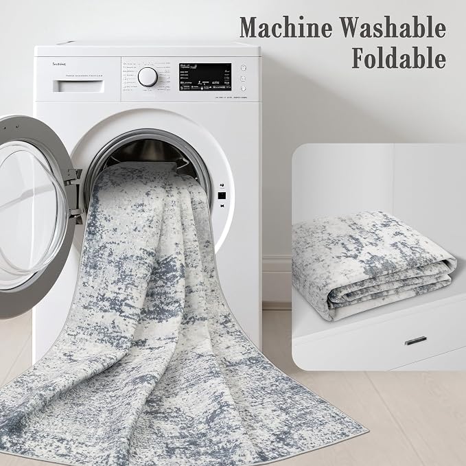 2.6x14 Washable Runner Rug:Modern Abstract Soft Carpet Blue Grey | For Hallway, Bedroom, Kitchen, Laundry, Bathroom,Door Mat,Modern Abstract,Machine washable,Non-Slip,Stain Resistant,Indoor
