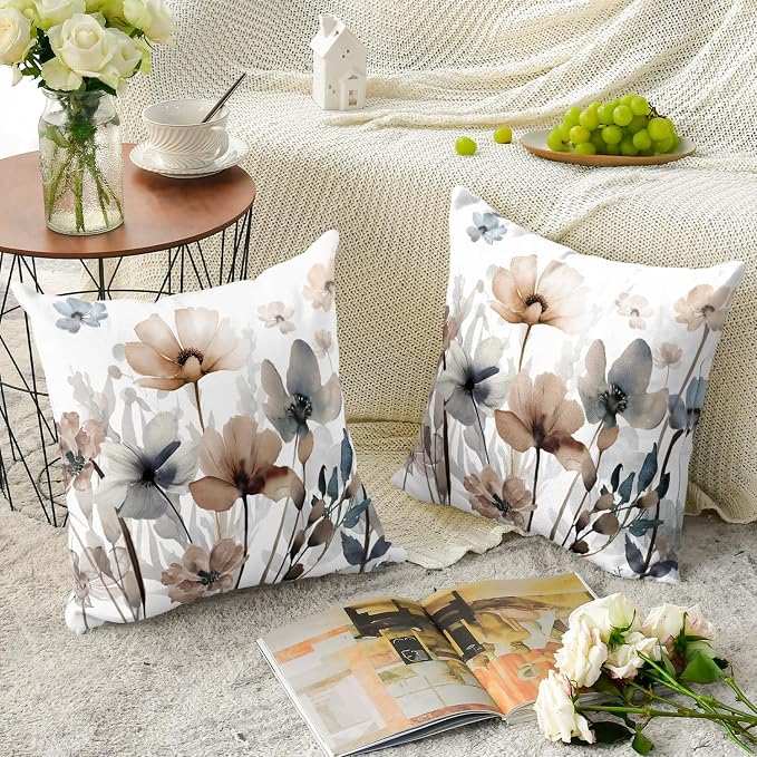 AVOIN colorlife Poppy Flowers Chinoiserie Pillow Covers 18x18 Inch Set of 2 | Seasonal Fall Leaves Cushion Case Decoration for Sofa Couch